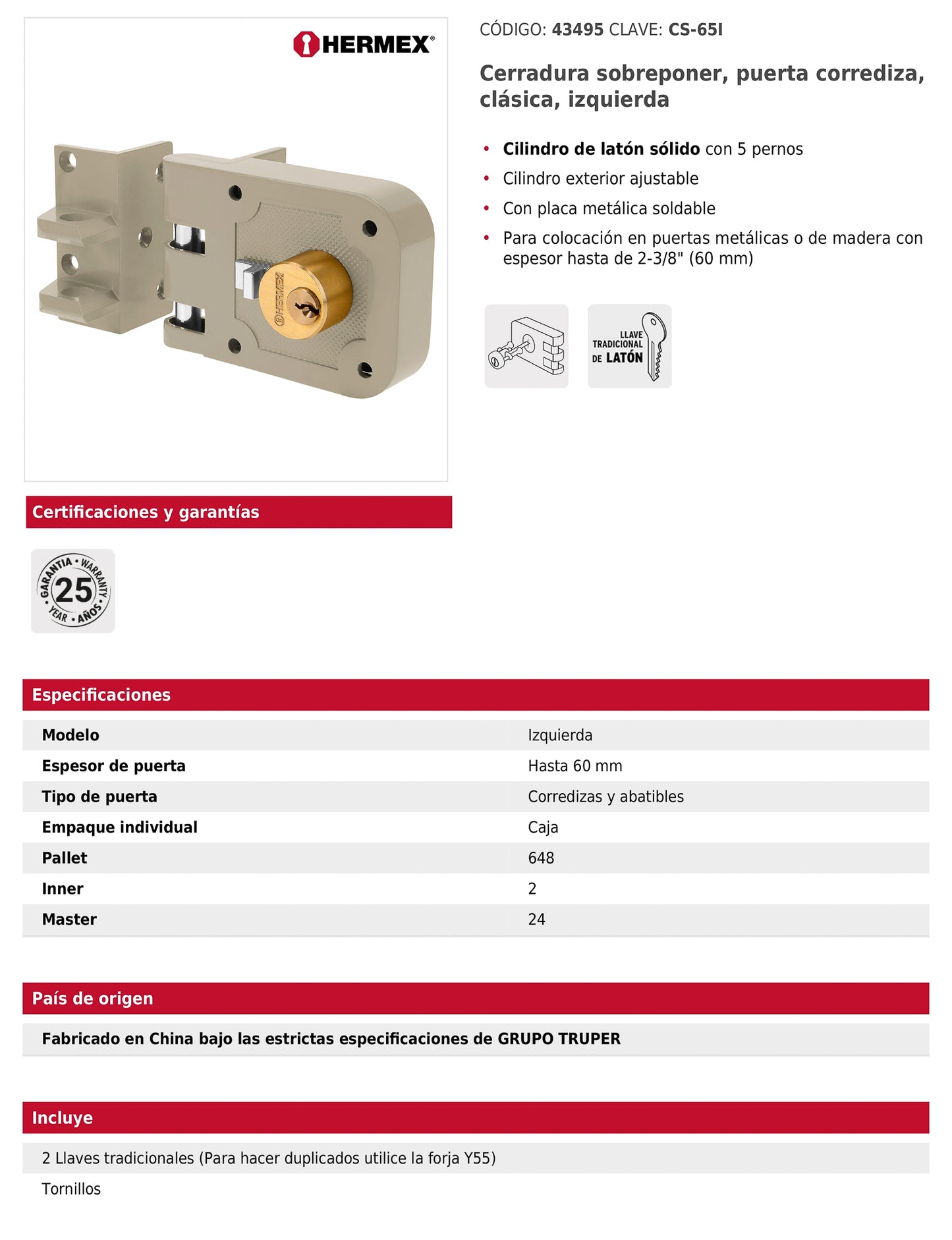 Cerradura de sobreponer para puerta corrediza clásica izquierda