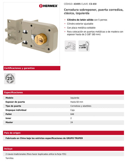 Cerradura de sobreponer para puerta corrediza clásica izquierda