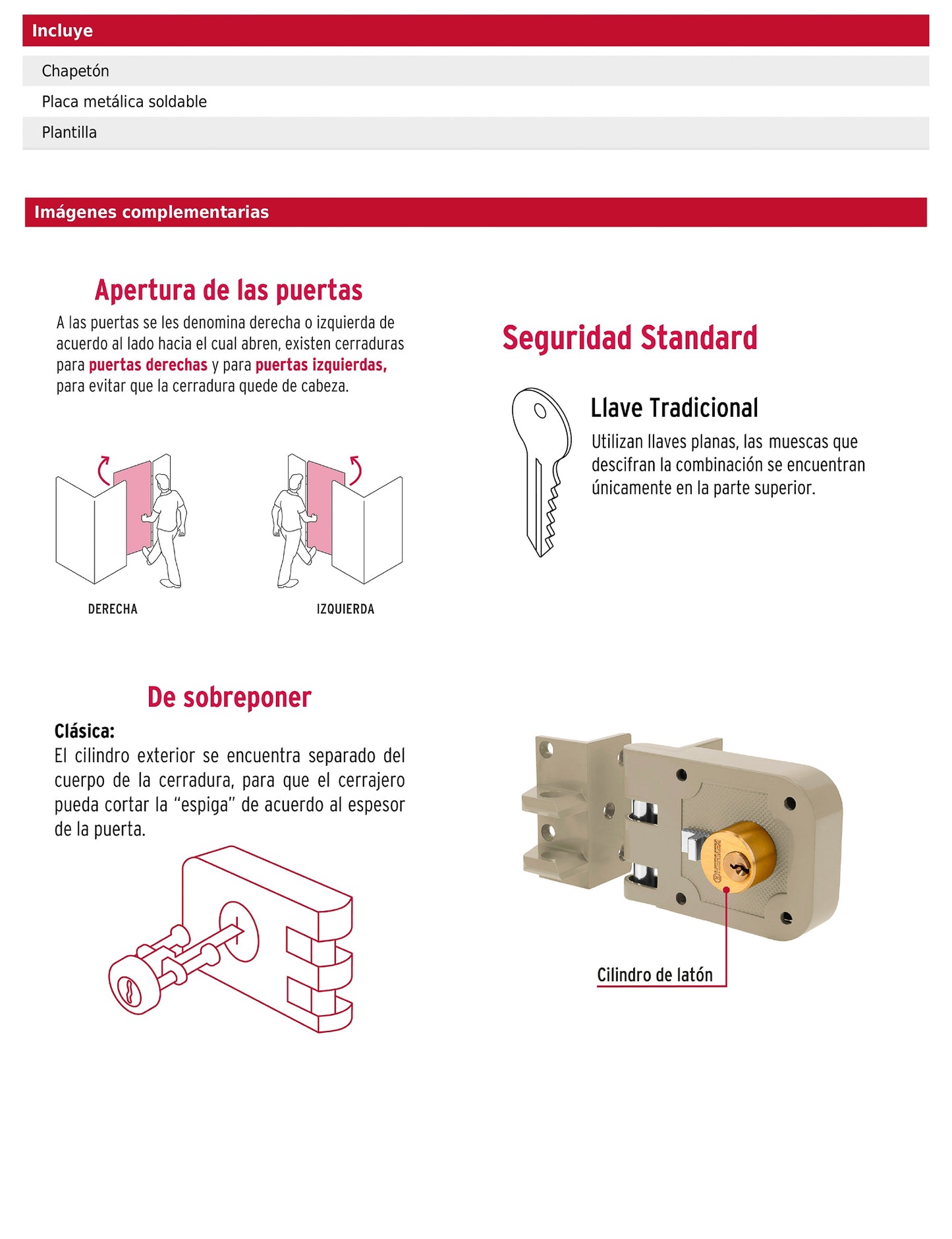 Cerradura de sobreponer para puerta corrediza clásica izquierda