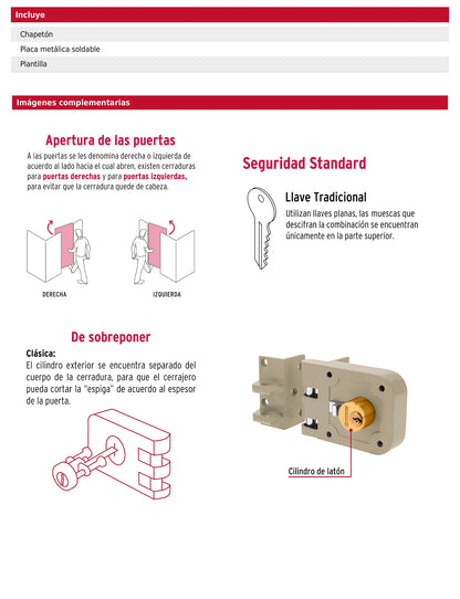 Cerradura de sobreponer para puerta corrediza clásica izquierda