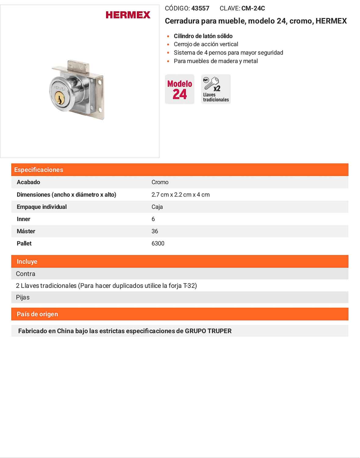 Cerradura para mueble modelo 24 cromo