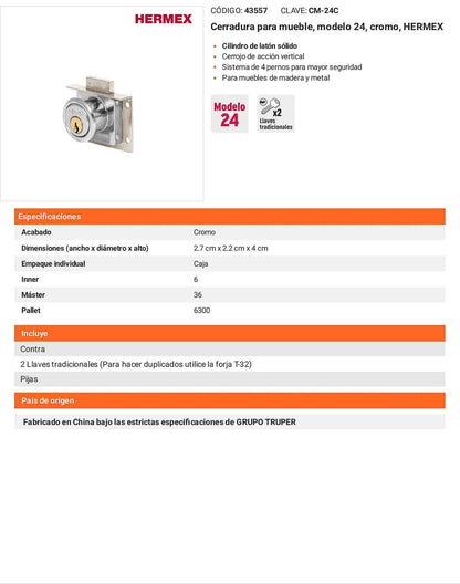 Cerradura para mueble modelo 24 cromo