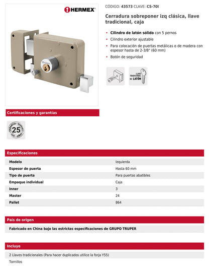 Cerradura de sobreponer clásica izquierda con llave tradicional