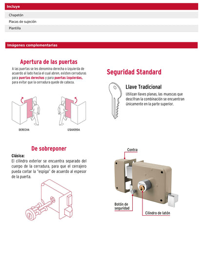 Cerradura de sobreponer clásica izquierda con llave tradicional