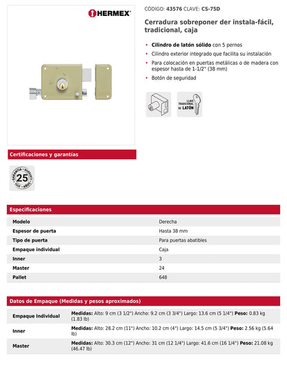 Cerradura de sobreponer instala fácil derecha tradicional