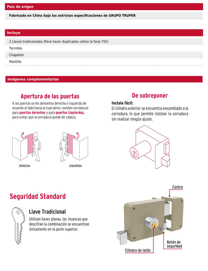Cerradura de sobreponer instala fácil derecha tradicional