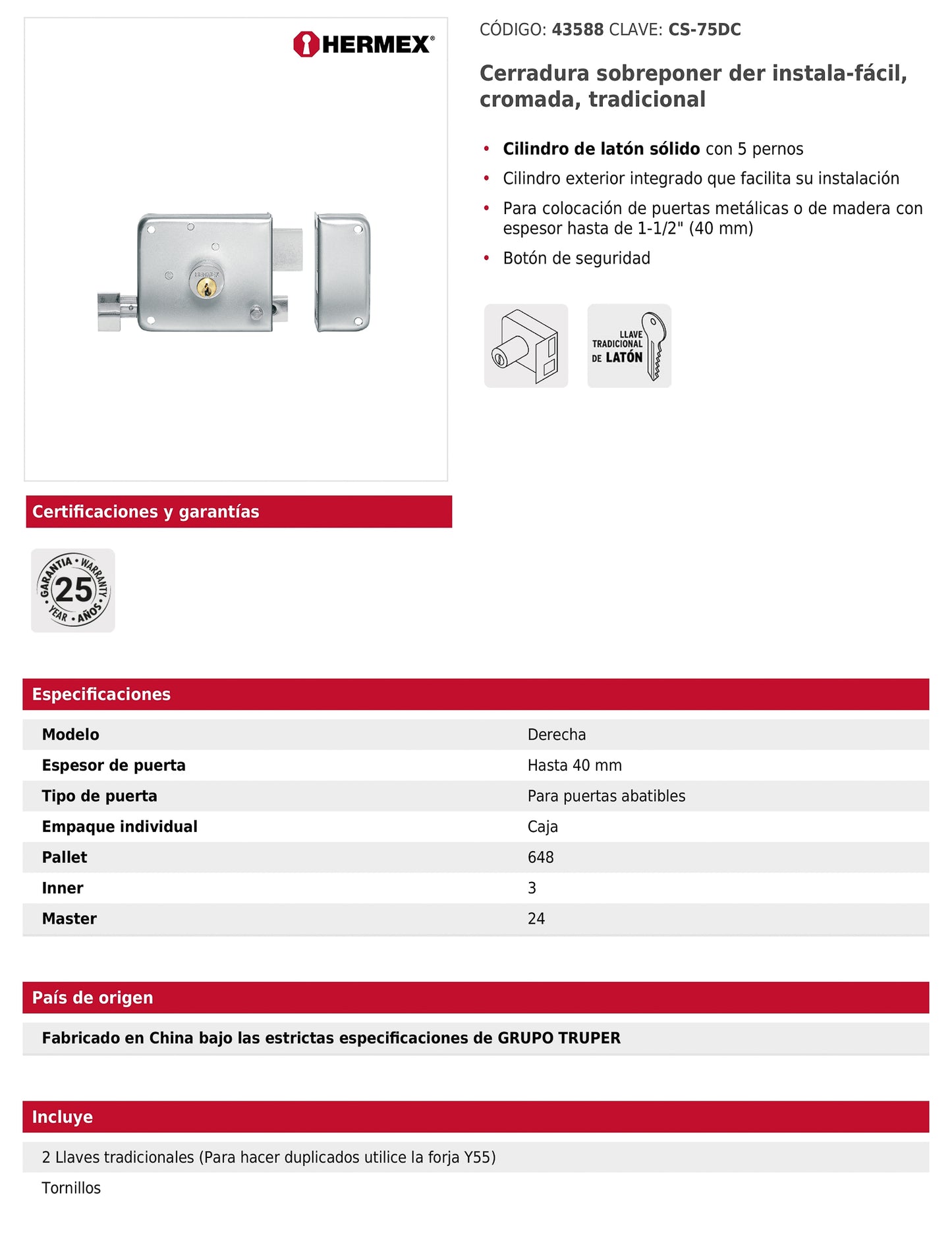Cerradura de sobreponer instala fácil derecha cromada tradicional