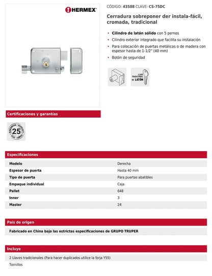 Cerradura de sobreponer instala fácil derecha cromada tradicional