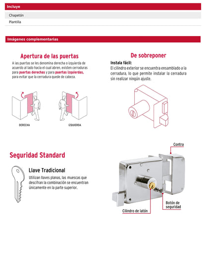 Cerradura de sobreponer instala fácil derecha cromada tradicional