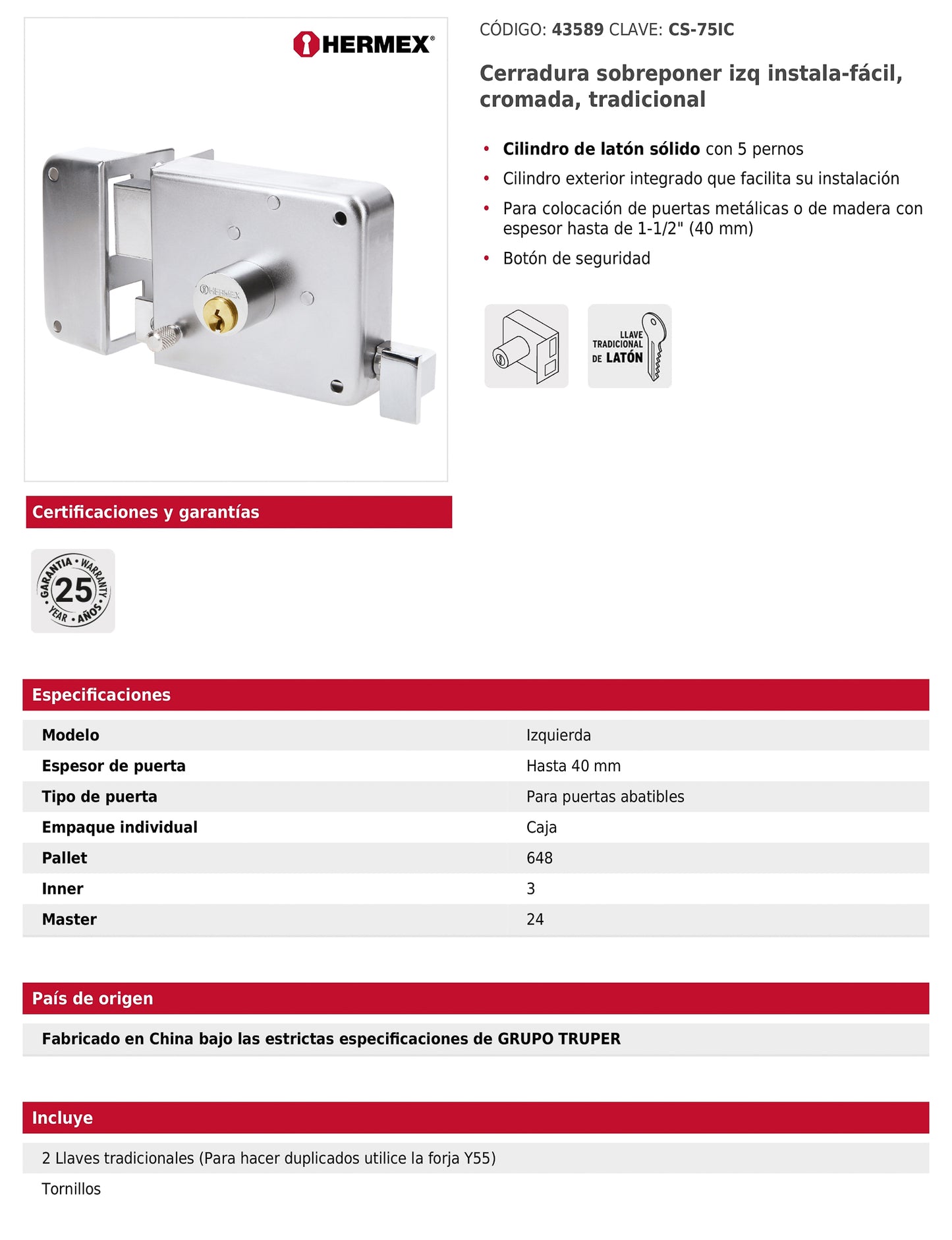Cerradura de sobreponer instala fácil izquierda cromada tradicional