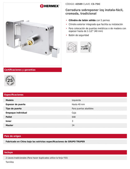 Cerradura de sobreponer instala fácil izquierda cromada tradicional