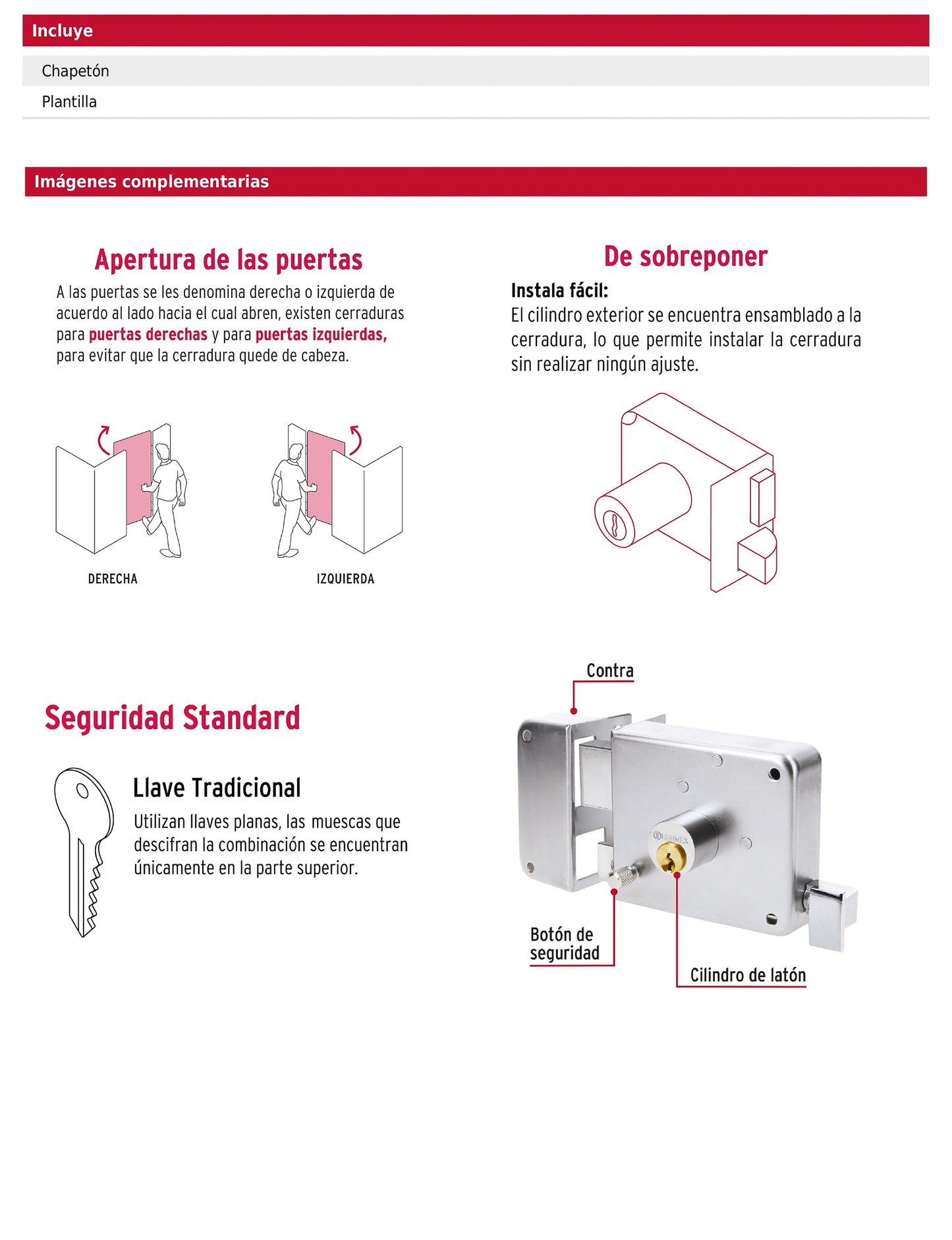 Cerradura de sobreponer instala fácil izquierda cromada tradicional