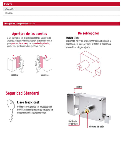 Cerradura de sobreponer instala fácil izquierda cromada tradicional
