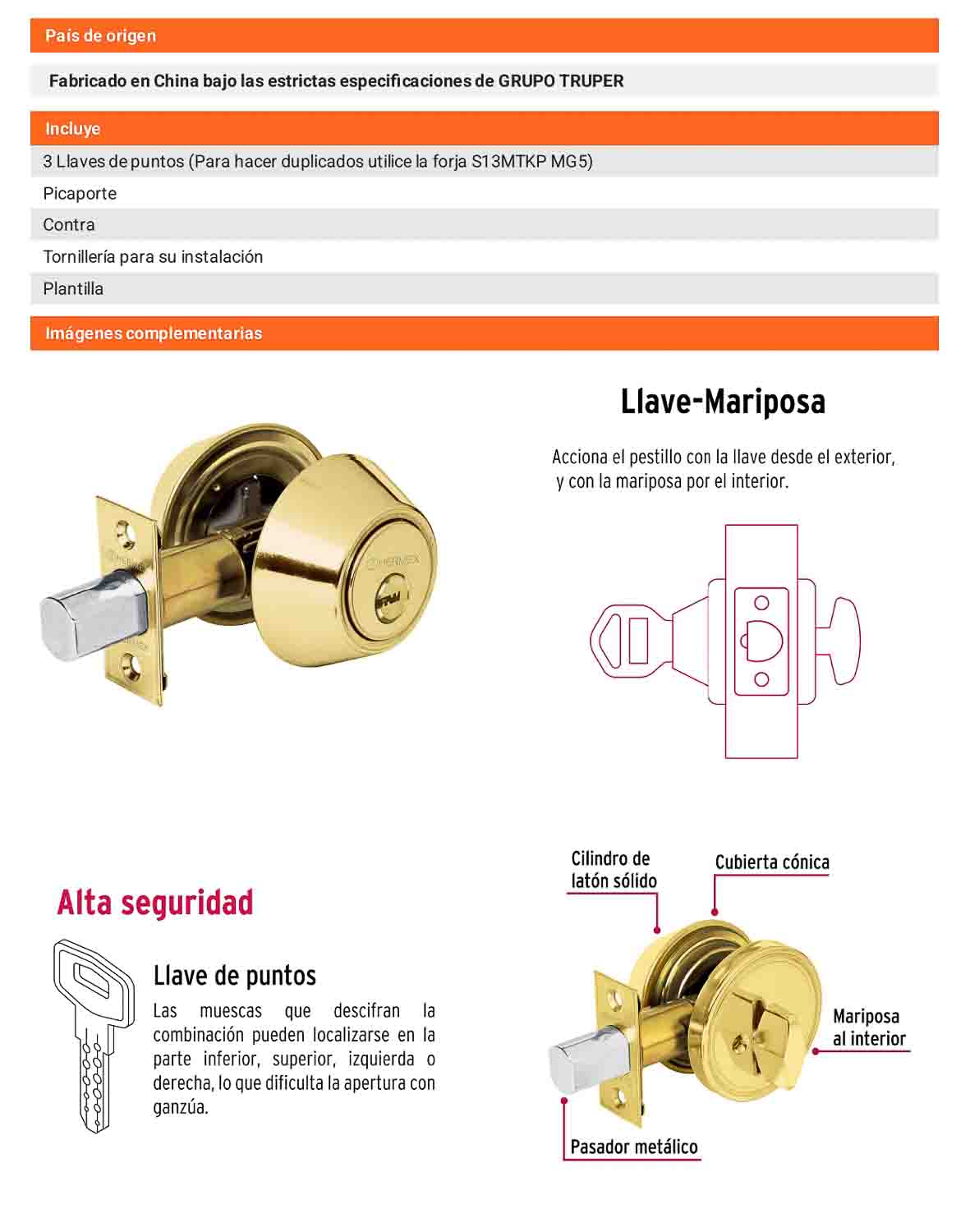 Cerrojo llave-mariposa latón brillante