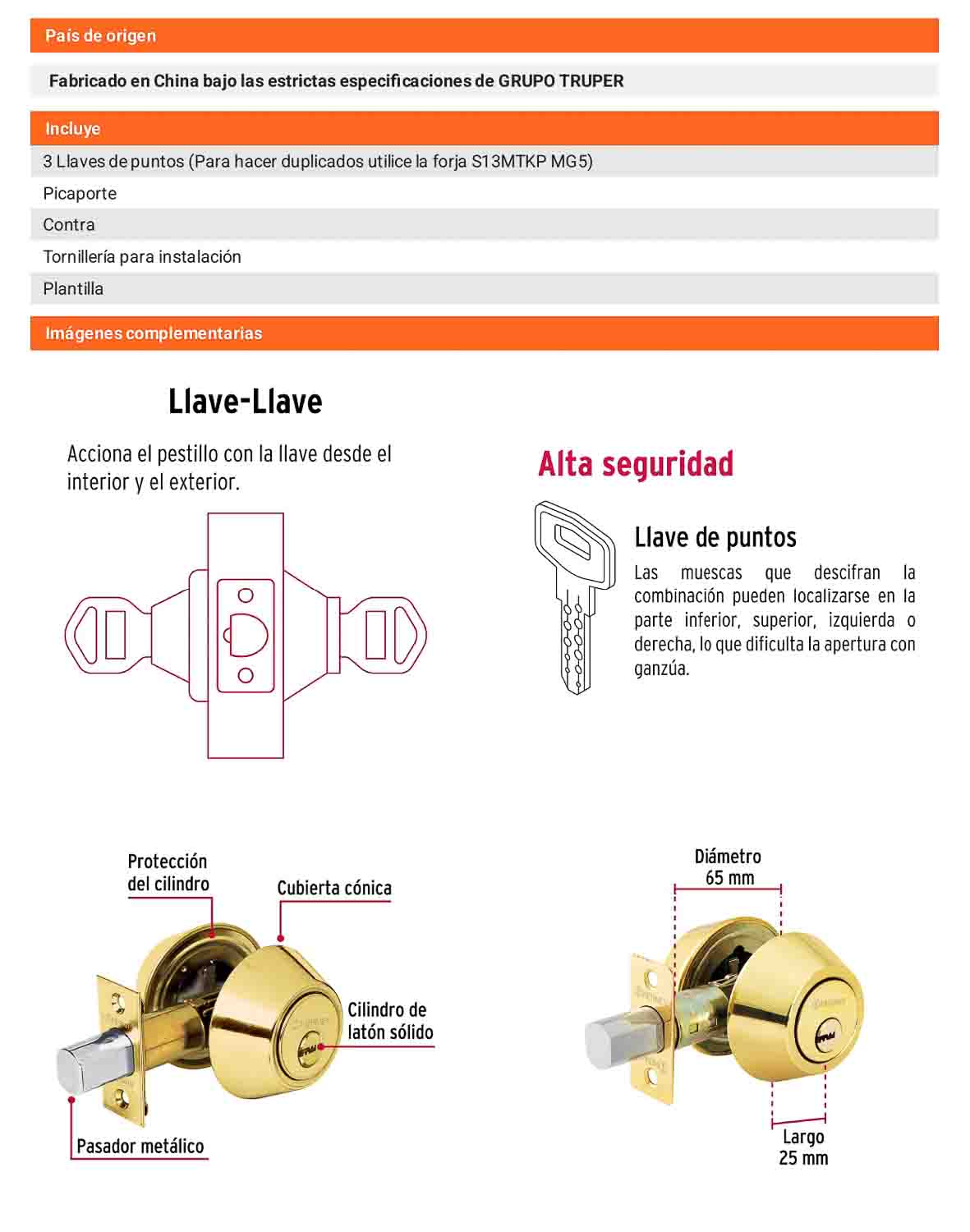 Cerrojo llave-llave latón brillante