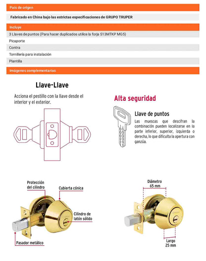Cerrojo llave-llave latón brillante