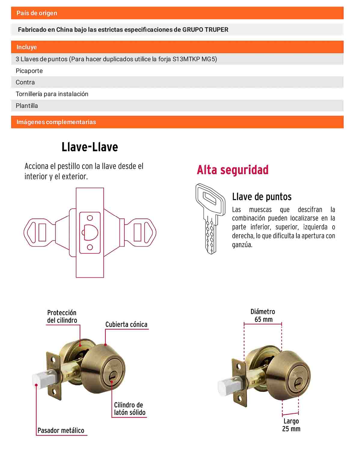 Cerrojo llave-llave latón antiguo