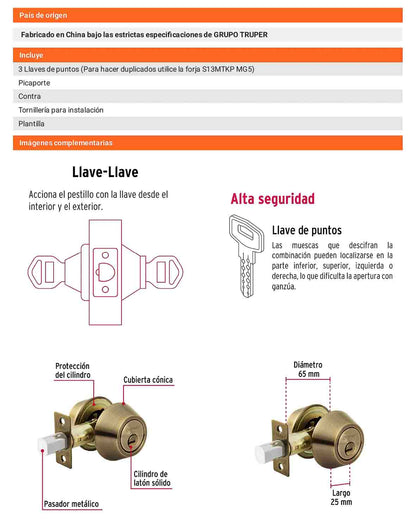 Cerrojo llave-llave latón antiguo