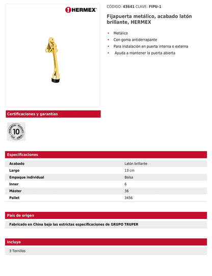 Fijapuerta metálico acabado latón brillante