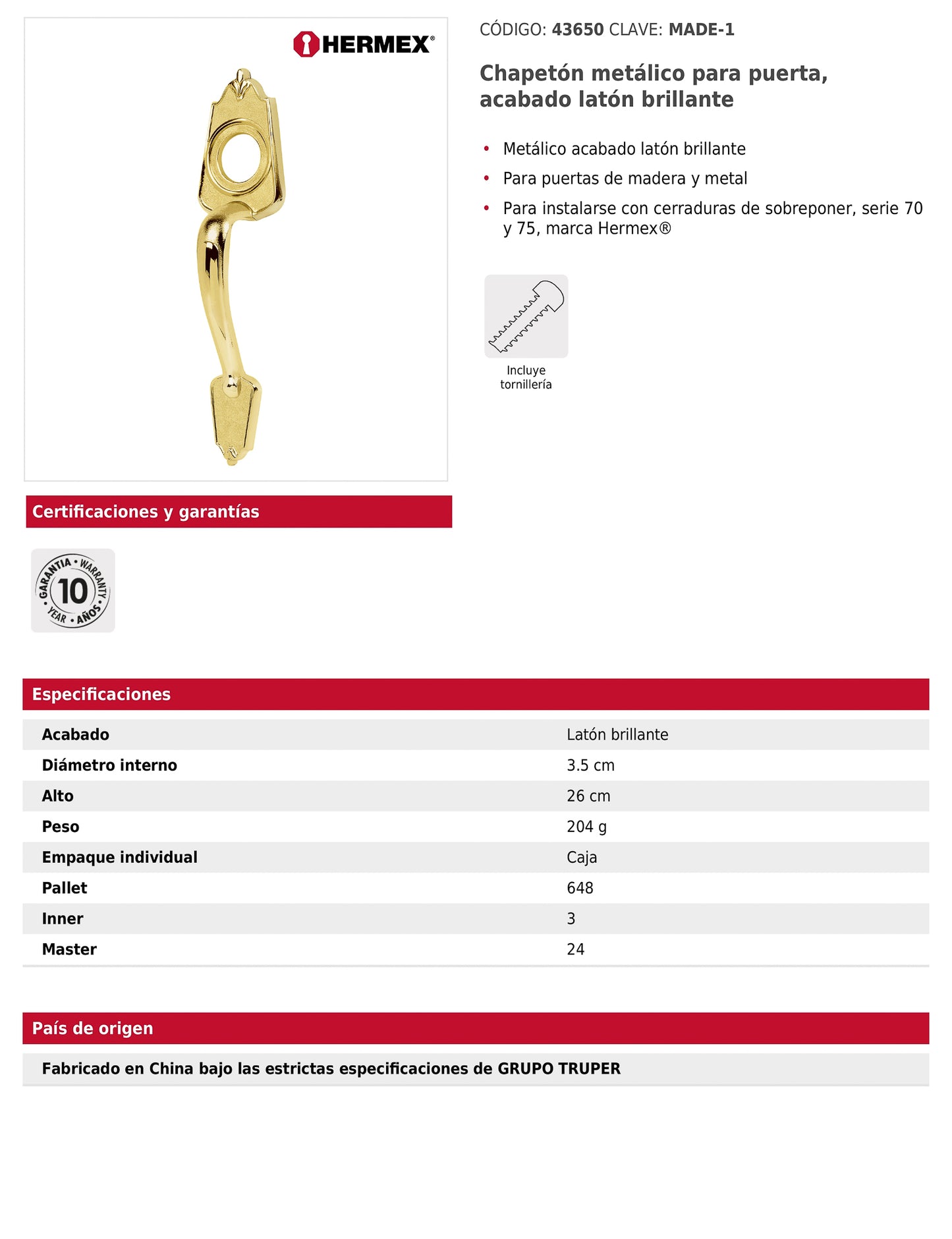 Chapetón metálico para puerta acabado latón brillante