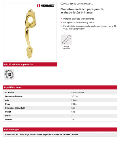 Chapetón metálico para puerta acabado latón brillante