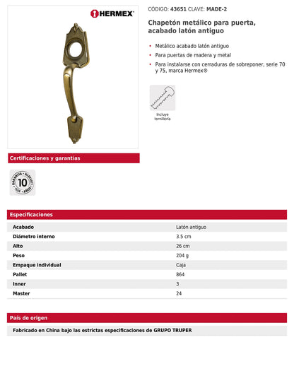 Chapetón metálico para puerta acabado latón antiguo