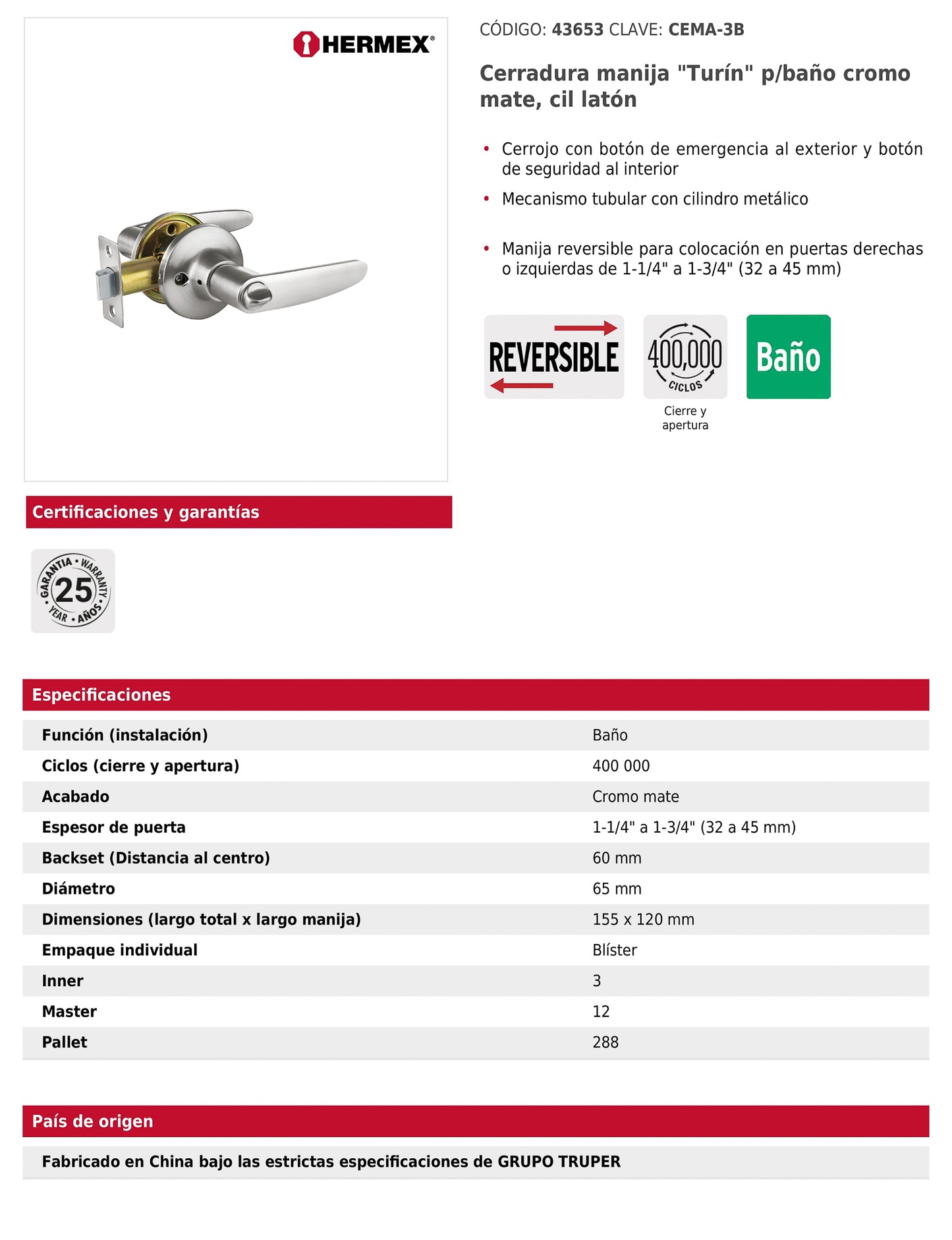 Cerradura manija baño de cromo mate con cilindro metálico