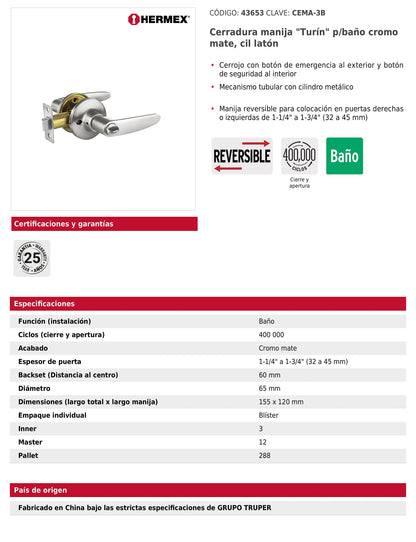 Cerradura manija baño de cromo mate con cilindro metálico
