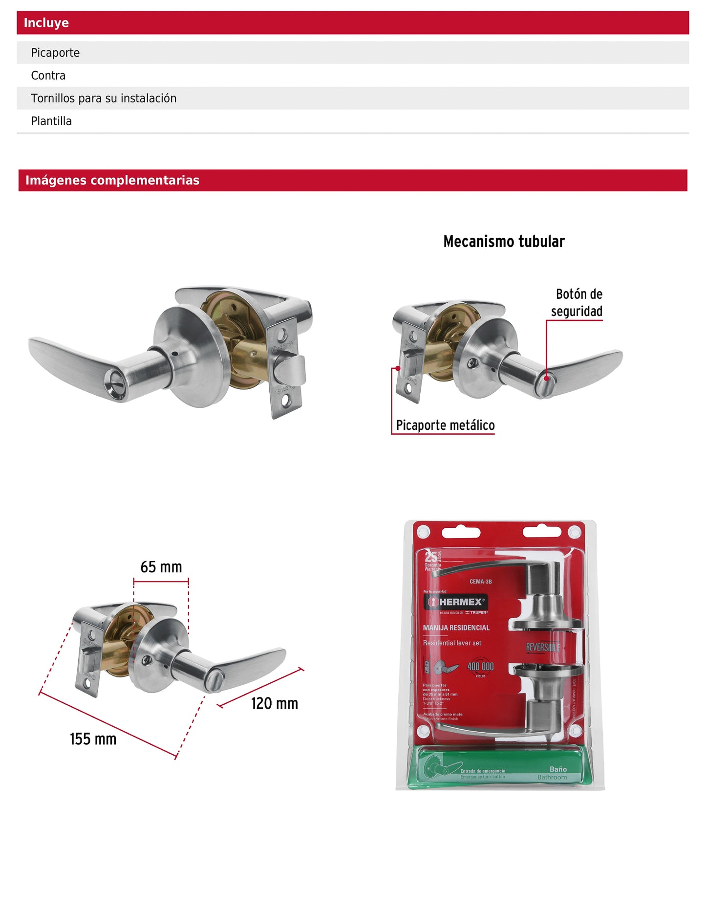 Cerradura manija baño de cromo mate con cilindro metálico