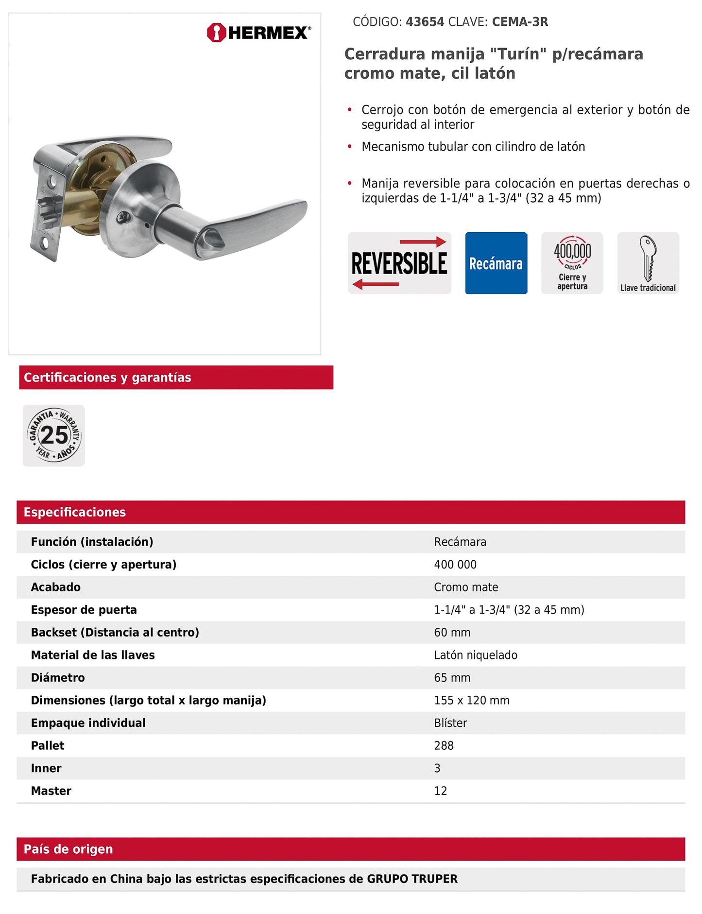 Cerradura manija para recámara con acabado cromo mate