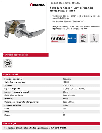 Cerradura manija para recámara con acabado cromo mate