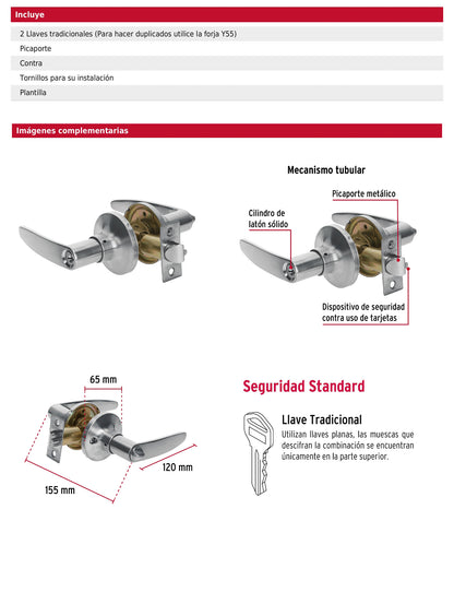 Cerradura manija para recámara con acabado cromo mate