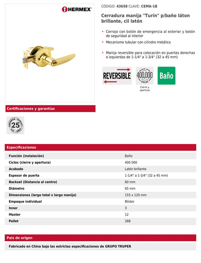 Cerradura manija para baño con acabado latón brillante
