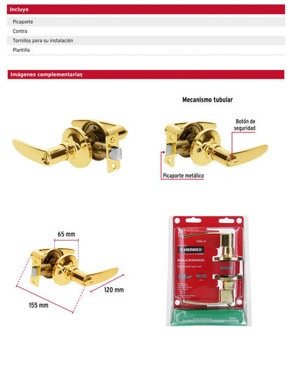 Cerradura manija para baño con acabado latón brillante