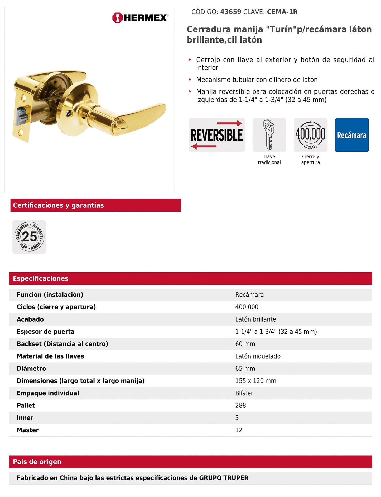 Cerradura manija para recámara con acabado latón brillante