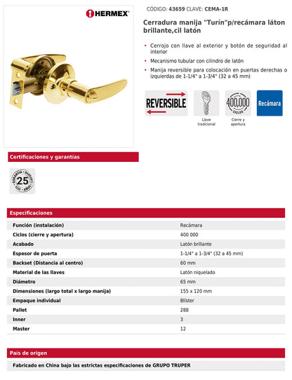 Cerradura manija para recámara con acabado latón brillante