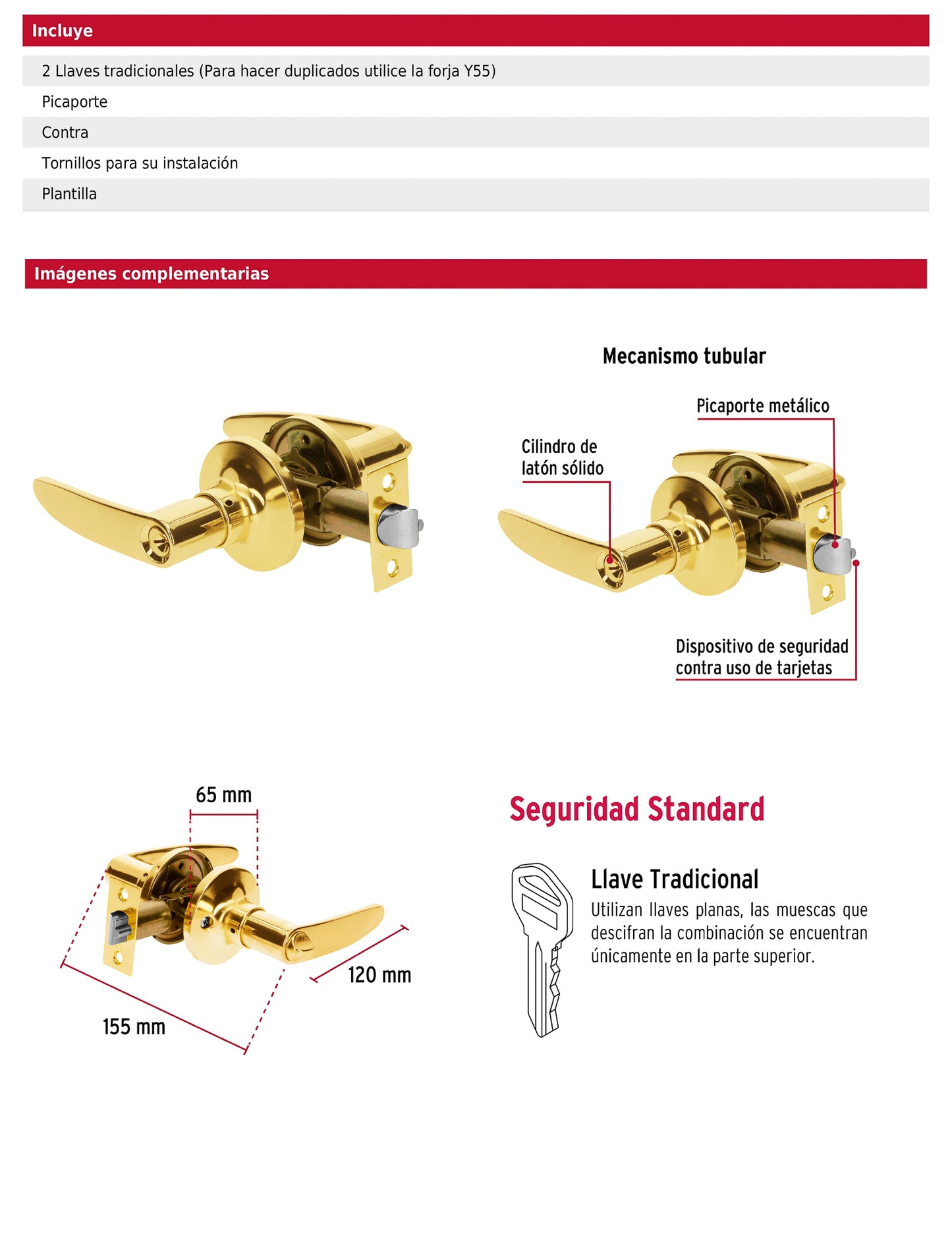 Cerradura manija para recámara con acabado latón brillante