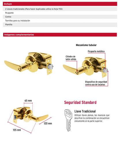 Cerradura manija para recámara con acabado latón brillante