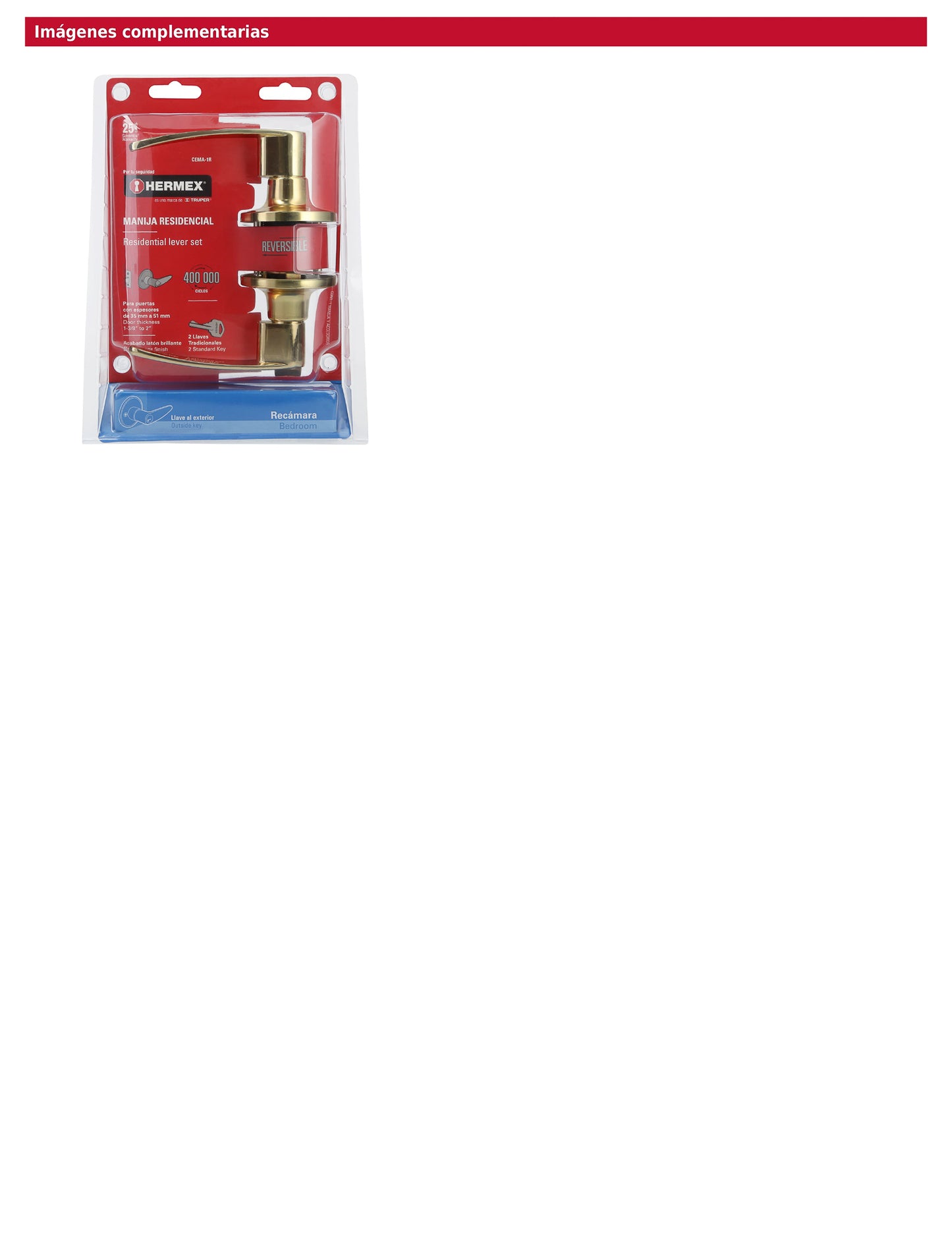 Cerradura manija para recámara con acabado latón brillante