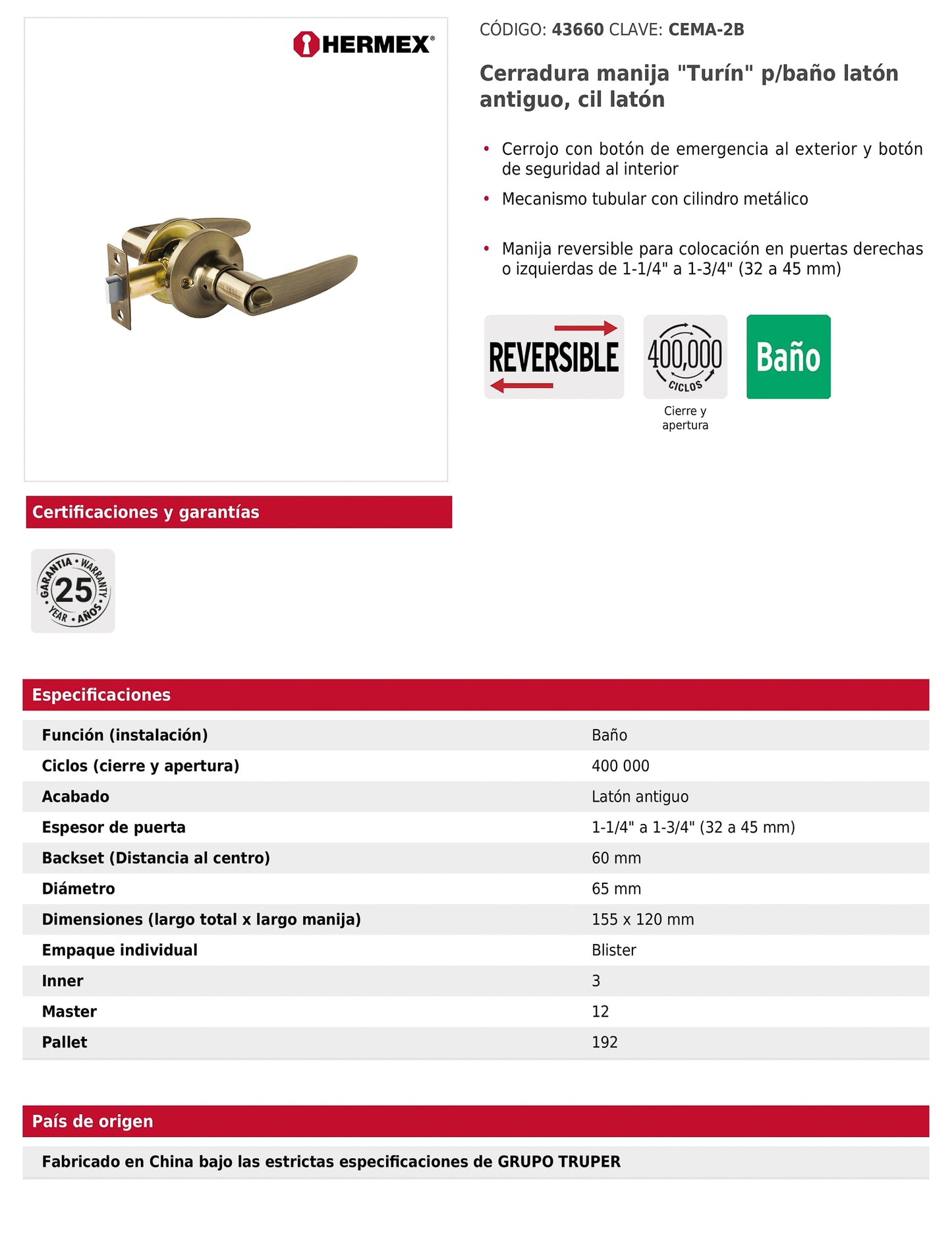 Cerradura manija baño de latón antiguo con cilindro metálico