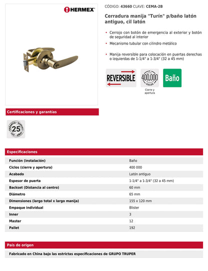 Cerradura manija baño de latón antiguo con cilindro metálico