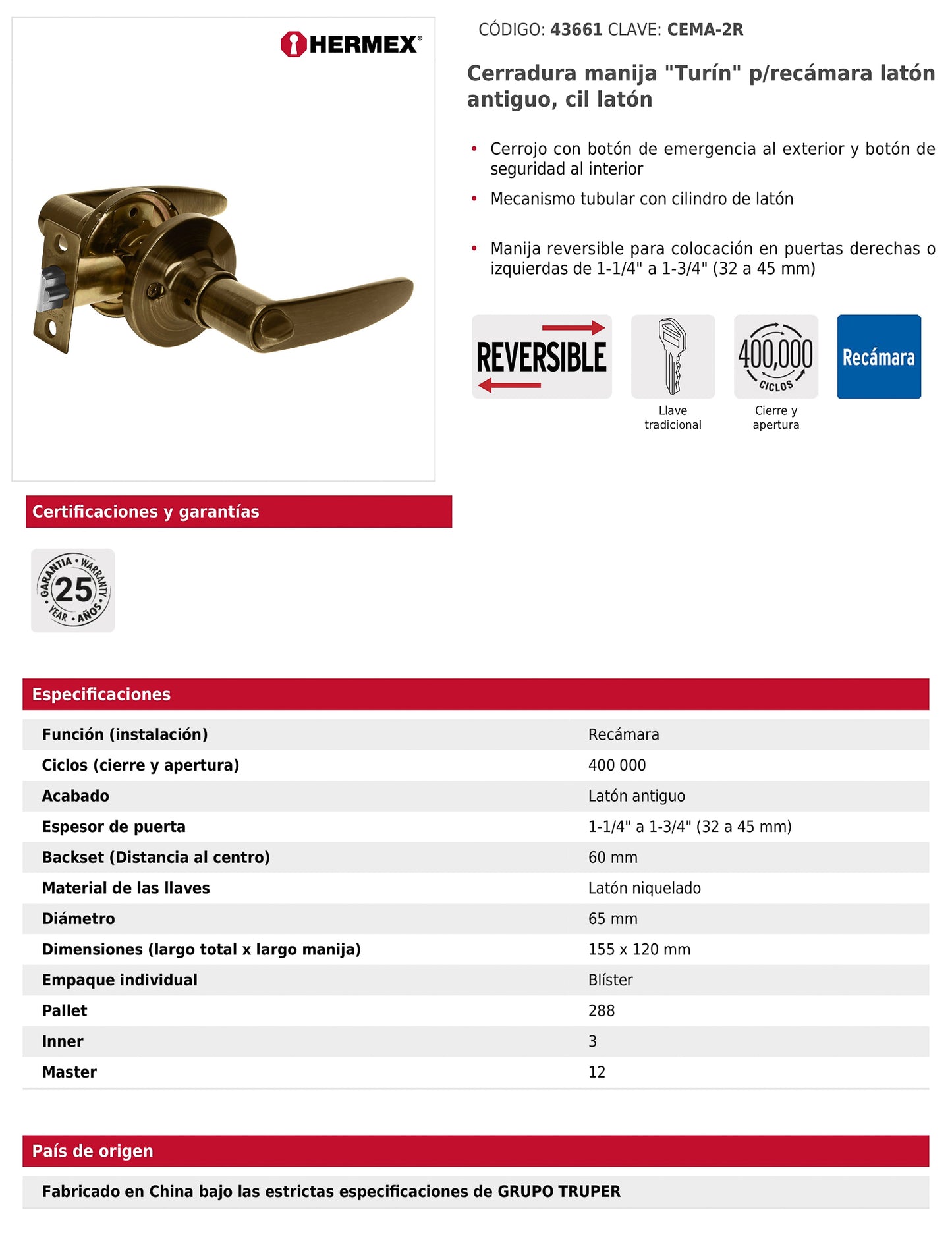 Cerradura manija recámara de latón antiguo con cilindro de latón