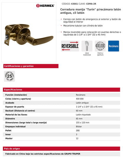 Cerradura manija recámara de latón antiguo con cilindro de latón