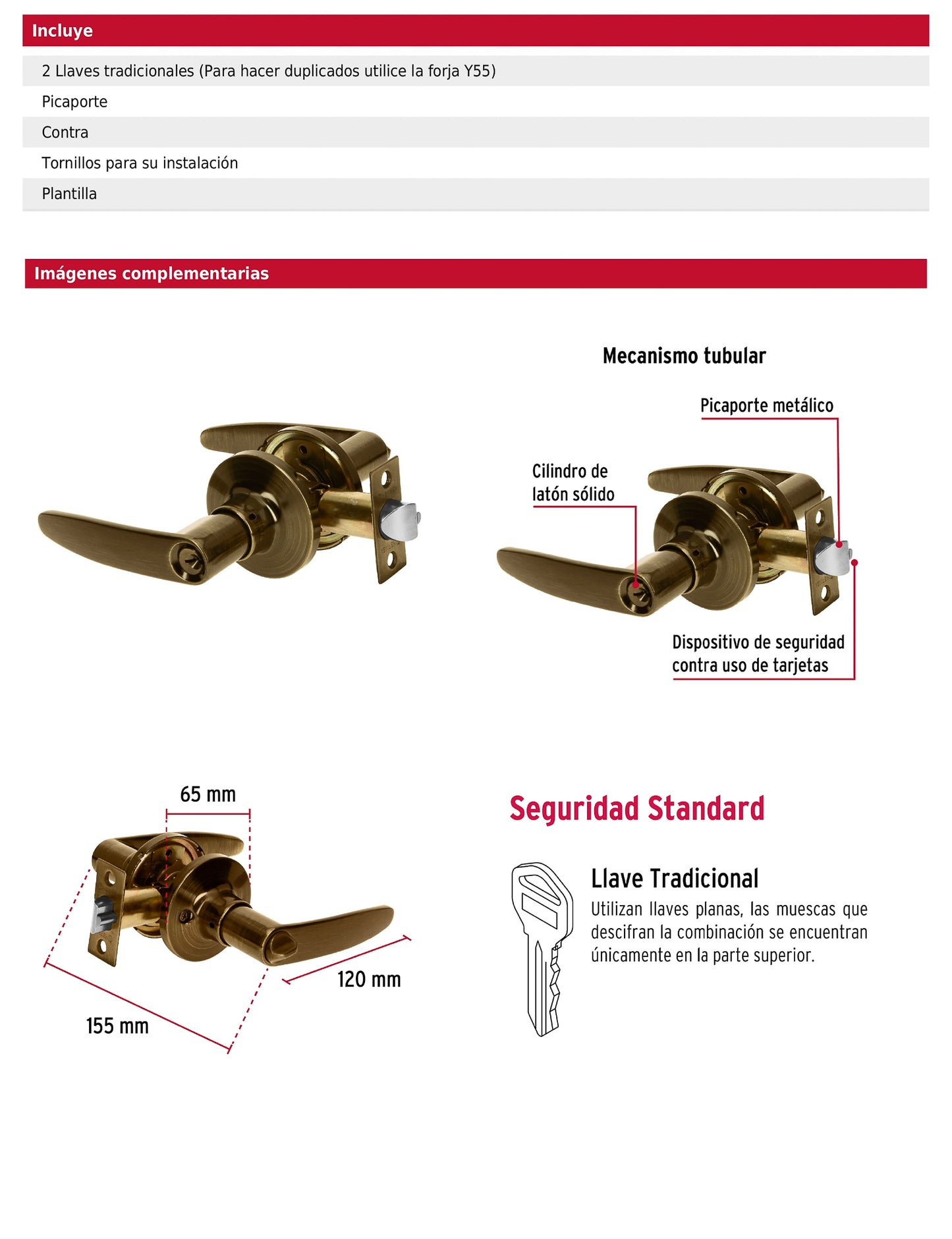 Cerradura manija recámara de latón antiguo con cilindro de latón