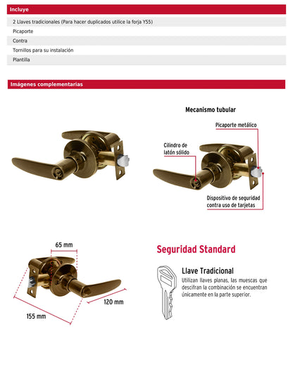 Cerradura manija recámara de latón antiguo con cilindro de latón