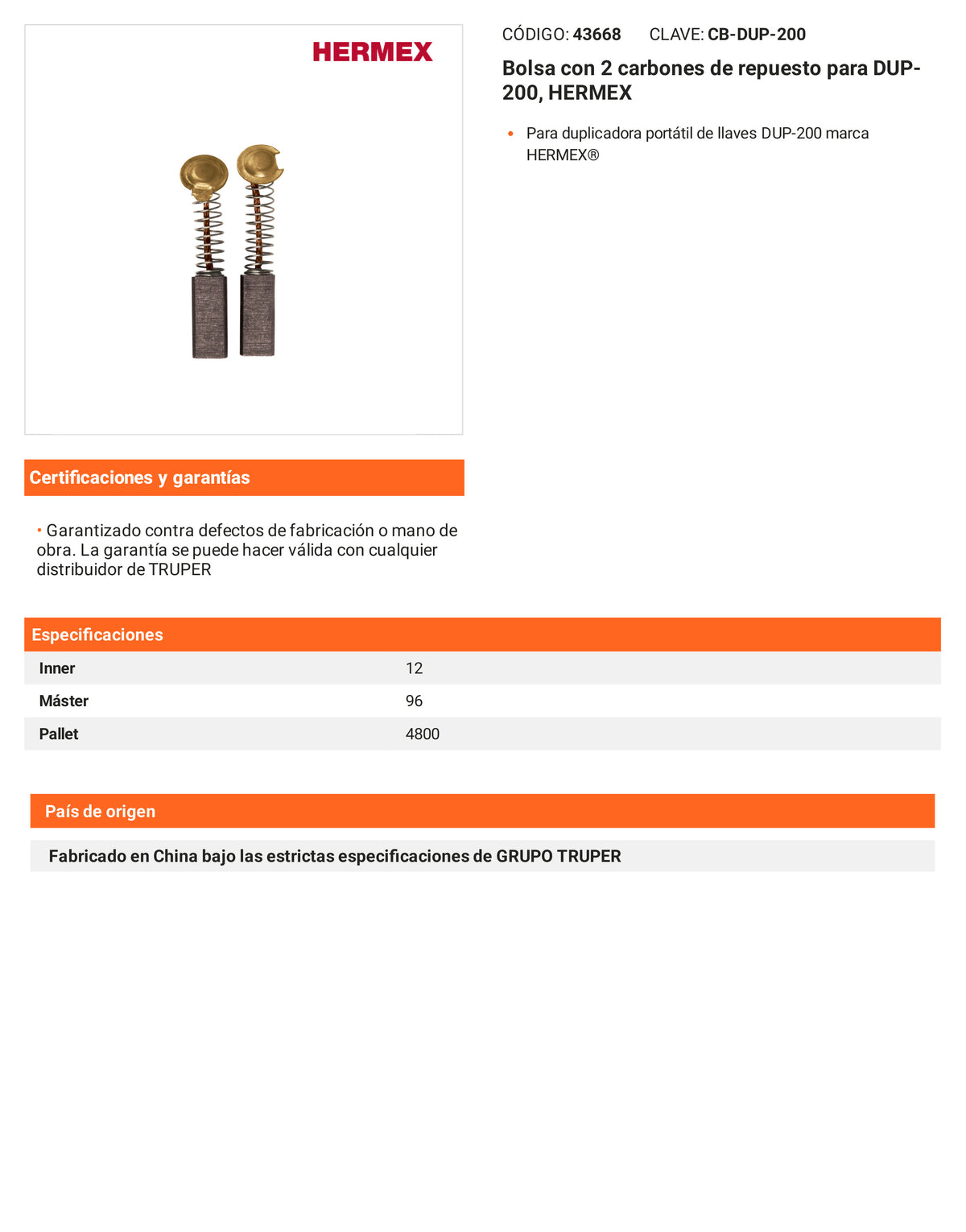 Ficha tecnica - 2 carbones para DUP-200 - SKU 43668