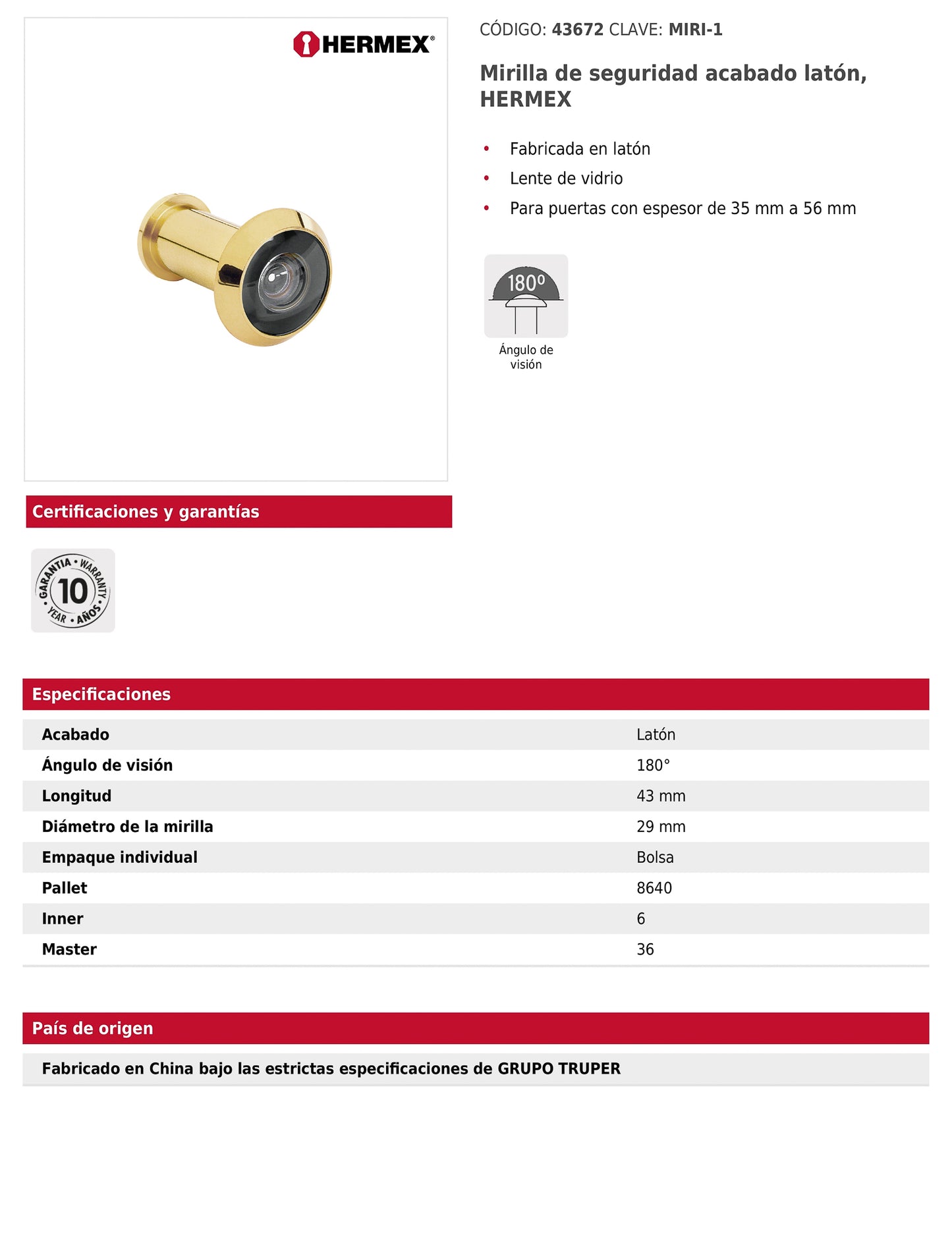 Mirilla de seguridad acabado latón