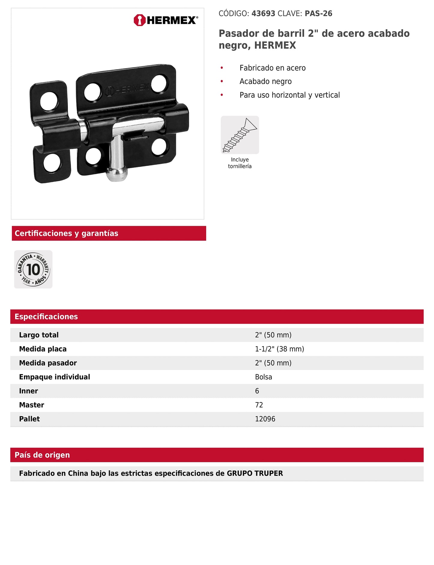 Pasador de barril 2 pulgadas de acero acabado negro