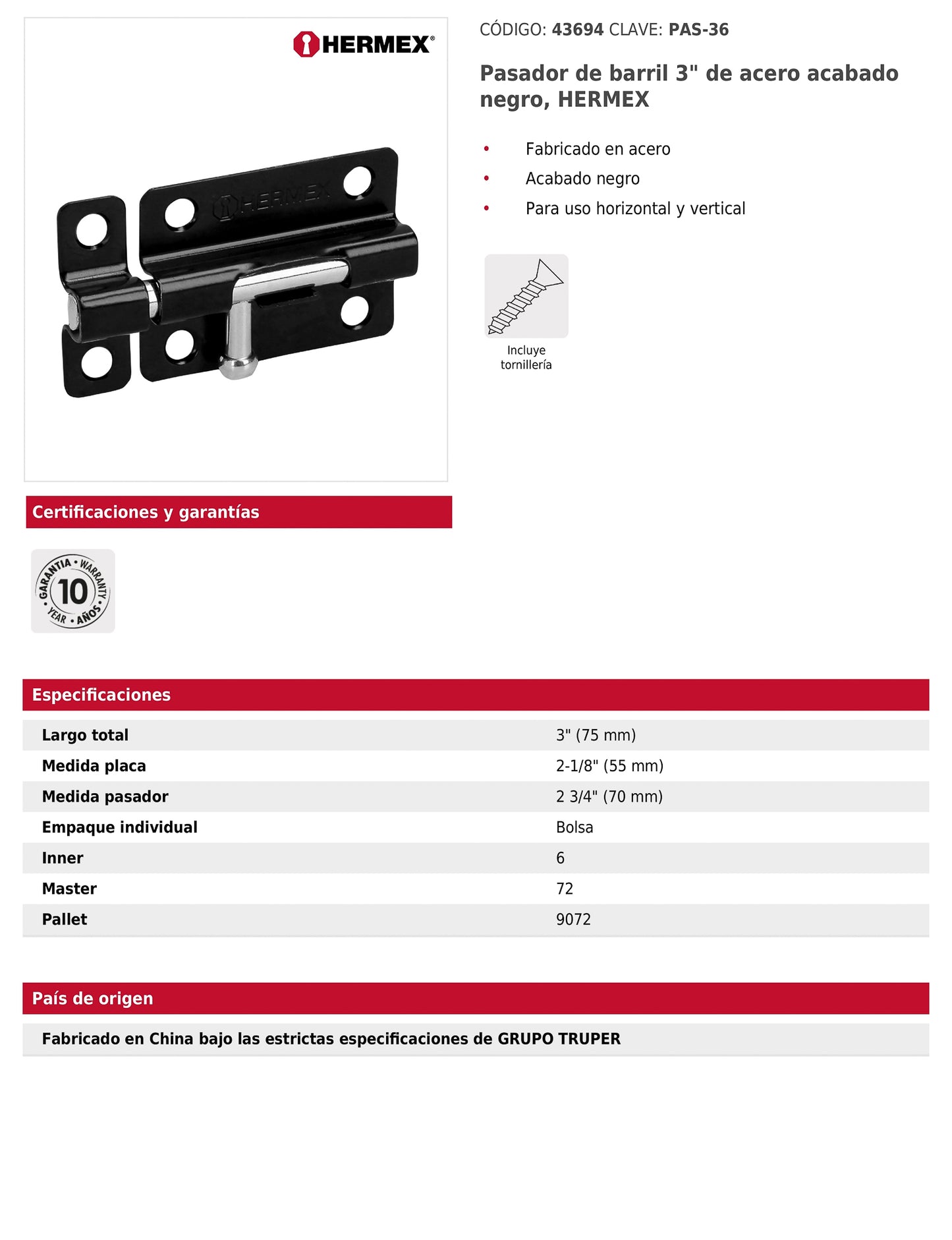 Pasador de barril 3 pulgadas de acero acabado negro