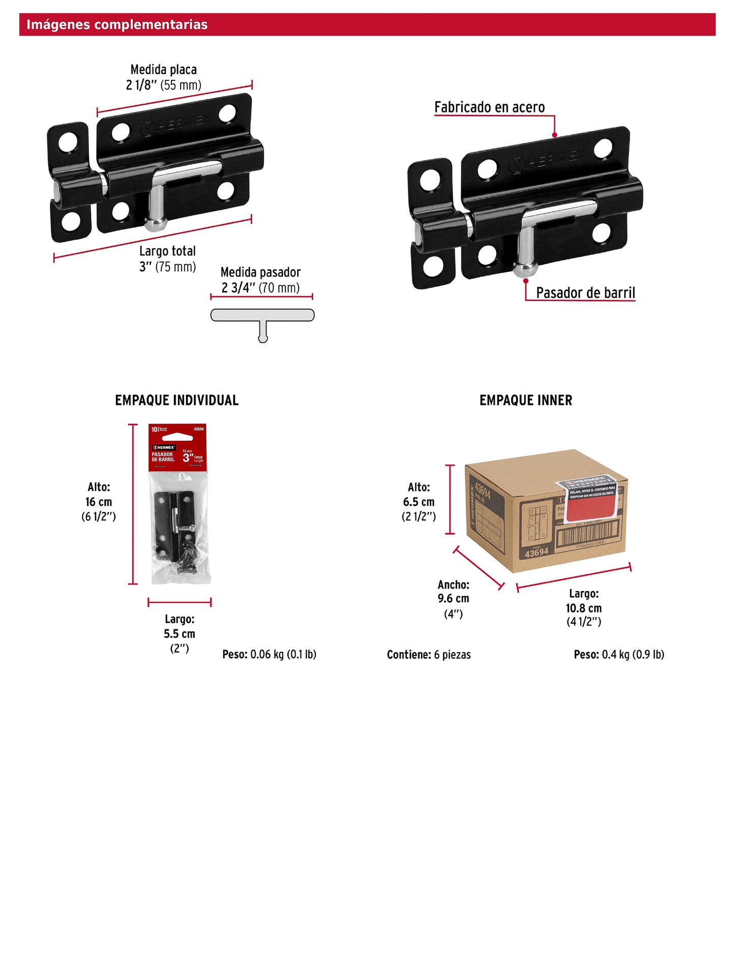 Pasador de barril 3 pulgadas de acero acabado negro